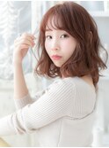 ★ミルクティーピンクヘアー小顔ウェーブミディアム20代30代★10