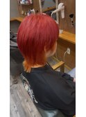 ショートウルフメンズカットブリーチカラーレッドオレンジ
