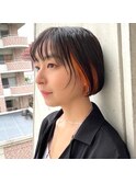 オレンジインナーカラー×ぱつっとボブ