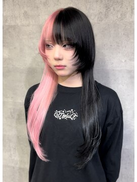 オズ 梅田店(OZ) ホワイトピンク×ブラック/ツートン/ロングウルフ/エクステ40枚