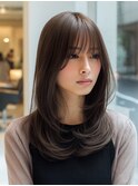 ハッシュカットバタフライカットダークブラウンカーテンバング