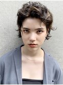 ナチュラルオールバック_ショートパーマホワイトアッシュ_37924