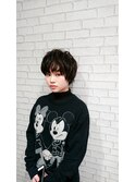 ネイビーグレーボブパーマ風ショートブラック