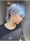 デザインブルー　デザインカラー　ウルフカット　ブリーチカラー