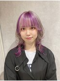 ロングウルフ×パープルデザインカラー/ケアブリーチ