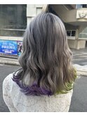 グリーンとパープルの裾カラー/ミディアムヘア