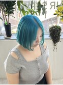 切りっぱなしボブターコイズブルーケアブリーチダブルカラー
