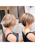 絶壁解消×白髪ぼかし×40代×前髪長め大人ショートボブ永