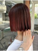 ピンクオレンジ切りっぱなし風ボブ髪質改善カラー