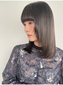 重めバング/黒髪/オリーブグレー/ミディアムレイヤーカットp越谷