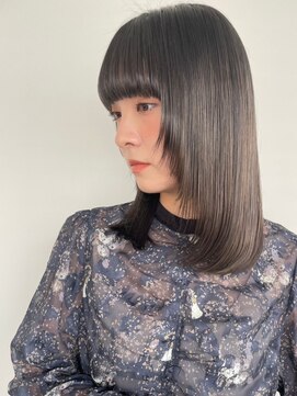 モッズヘア 越谷(mod's hair) 重めバング/黒髪/オリーブグレー/ミディアムレイヤーカットp越谷