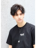 ネイビー(NAVY)&nbsp;トランクスヘア ソフトツーブロック フェザーマッシュ黒髪パーマ