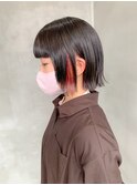 ワイドバング、外はねボブ、インナーカラー、ピンク