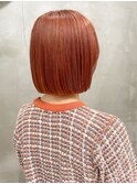 オレンジカラーオレンジブラウンボブ切りっぱなしボブ明るめ