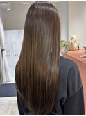 美髪ショコラベージュ黒髪フェミニンロング髪質改善
