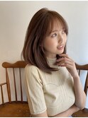 大人かわいいミディアムレイヤーピンクベージュ顔まわりレイヤー