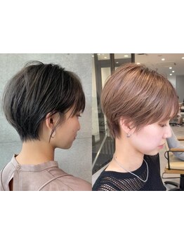 乾かして、少しスタイリングをつけるだけ。難しいスタイリング不要の≪SORA≫のショートで小顔魅せも叶う。