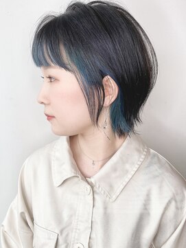モリオフロムロンドン 原宿本店(morio from London) 【morio原宿】大人かわいいくびれボブ　インナーカラーブルー
