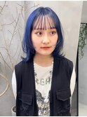 ブルーカラー青髪寒色カラーアッシュボブウルフブリーチ