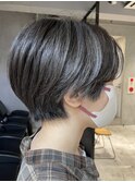 レディースショートダブルカラーハイライトシルバーグレージュ