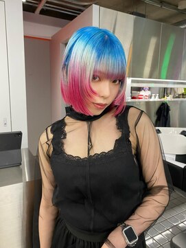 レコ 渋谷(LECO) アクアブルー×ネオンピンクグラデーションボブ