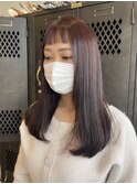 カシスブラウンストレートロング小顔レイヤーカットオン眉バング