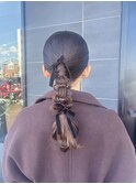 ヘアセットローポニー大人可愛いリボンヘアアレンジお呼ばれ