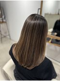 小顔ストレートロングストレートパーマオリーブベージュ韓国ボブ