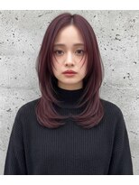 ヘアーズ ベリー 香椎店(hairs BERRY)&nbsp;暗めボルドー色艶ミディアム顔周り人気レイヤーカット韓国風