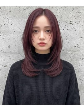 ヘアーズ ベリー 香椎店(hairs BERRY) 暗めボルドー色艶ミディアム顔周り人気レイヤーカット韓国風