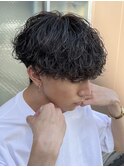 大分波巻きパーマメンズカットラウンドツーブロックマッシュ30代