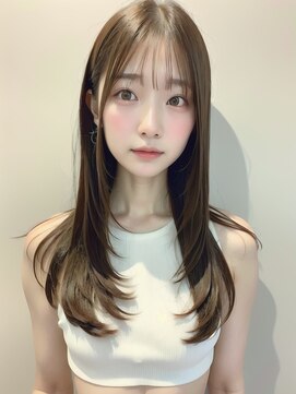 ムウ 難波(MOU) レイヤーカットボブルフ黒髪ネビージュ小顔ワンレン20代30代40代