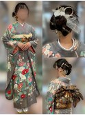 リボンシニョンヘアセット振り袖着付けメイク