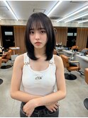 黒髪ボブルフネビージュワンレンくびレイヤーミディアムヘア