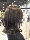 ロングショートワンカールパーマカーキグレージュ前髪錦糸町