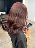 ブリーチなしダブルカラーチェリーレッド*くびれミディアムヘア