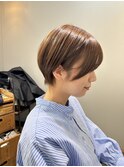 マッシュショート/ミルクティーピンク髪質改善/斜めバンク小顔