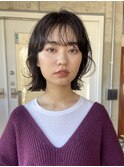 切りっぱなしボブ前髪パーマニュアンスカールダークブラウン