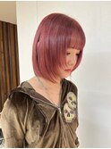 大人可愛い丸みボブピンクチェリーピンクフェイスレイヤーツヤ髪
