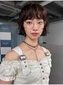 ダークパープルダウンバングナチュラルショートボブパーマ