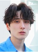 メンズシャドウパーマ無造作パーママッシュウルフヘア束感黒髪