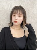 フェイスフレーミングインナーカラーボブ長めグレージュ黒髪30代