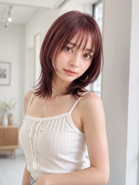 ソルナ 西宮(SOLUNA) 艶レッドカラー×水素ストレートミディ