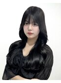 【レイヤーロング】似合わせカットフルバング黒髪アッシュカラー