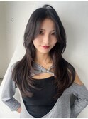 グレージュ暗めカラー顔周りレイヤーロング韓国ヘア_F1075
