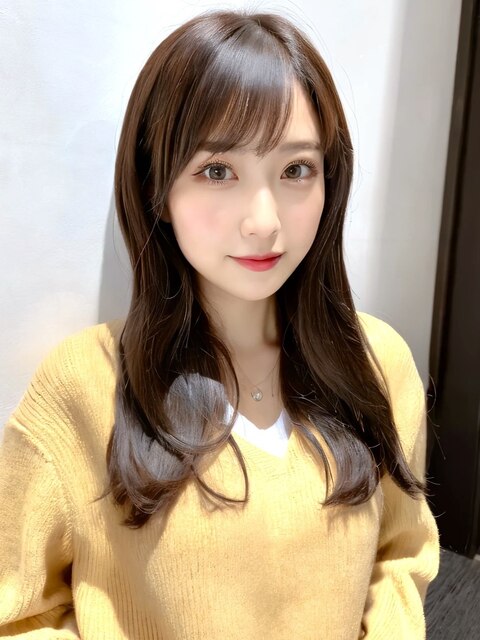 大人可愛い 顔周りレイヤー ゆる巻きセミロング 前髪あり 