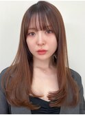美髪ミディ/フェイスレイヤー×シースルーバング/艶感ブラウン