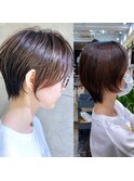 大人かわいい、耳掛け、小顔ショートボブ、ココアブラウン銀座