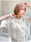mowen 南堀 江　ボブ×ピンクベージュ×顔まわりレイヤー