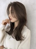 韓国ヘアーグレーベージュレイヤーロング前髪パーマ黒髪